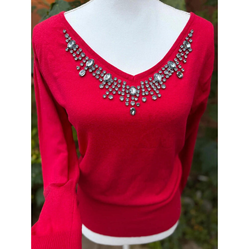 Worthington Red Rhinestones Gems Comfy Knit Work Wear Office Siren Top Size M